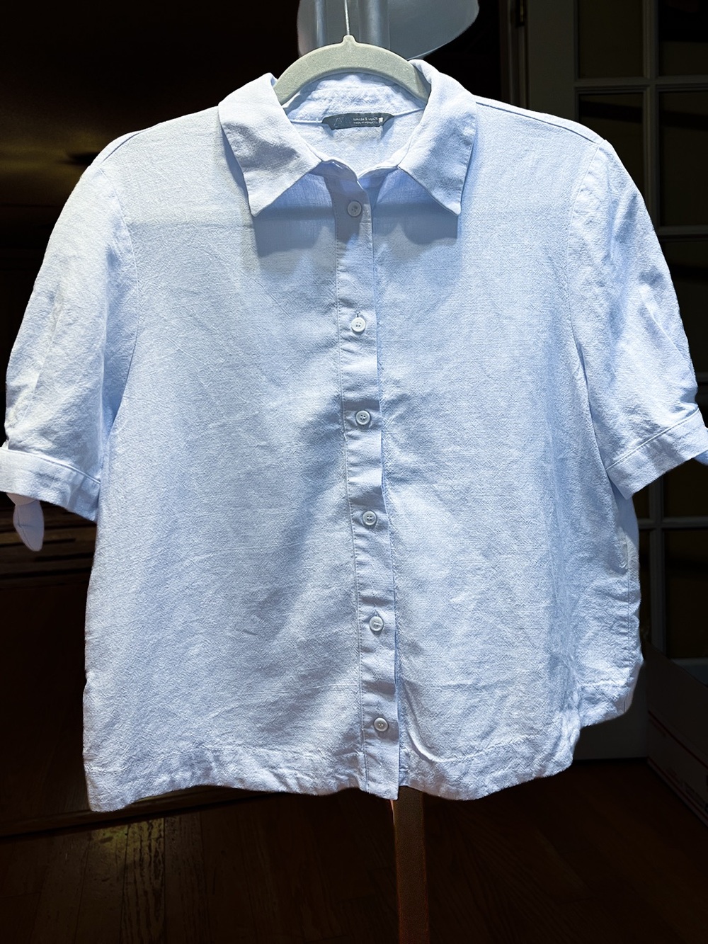 Zara Woman Light Blue Linen Button Front Tie Sleeve Blouse Shirt Small